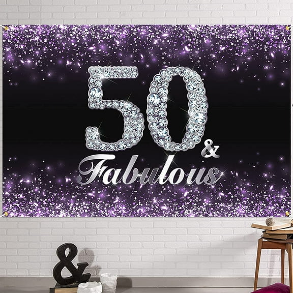 Happy 50th Birthday Banner Backdrop - 50 & Fabulous Birthday Decorations Party Supplies for Women - Purple