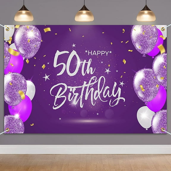 Happy 50th Birthday Banner Backdrop - 50 Years Old Birthday Decorations Party Supplies for Women - Purple