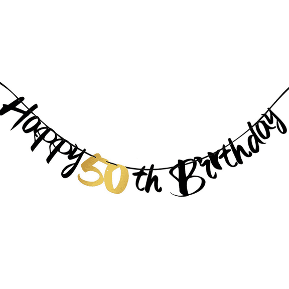 Happy 50th Birthday Banner, Black and Gold, Party Decoration, Cursive Script Style
