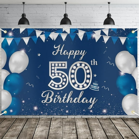 Happy 50th Birthday Banner, Blue Silver Happy 50th Birthday Party Decorations for Men Him, 50 Year Old Birthday Supplies Backdrop Décor