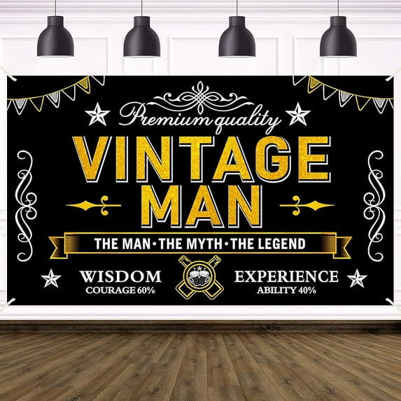 Happy 50th Birthday Banner Decorations for Men, Black Gold Vintage 50 Birthday Backdrop Sign Party Supplies, Fifty Year Old Birthday Party Photo Booth Background Poster