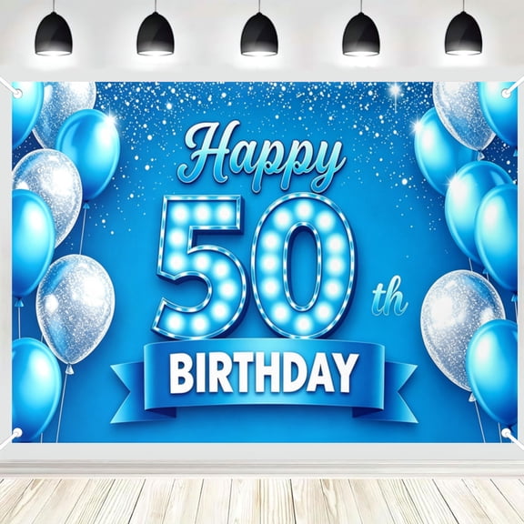 Happy 50th Birthday Blue Banner Backdrop Cheers to 50 Years Old Confetti Balloons Theme Decor for Birthday Party Bday Supplies Photo Background Favors Glitter 3x5ft