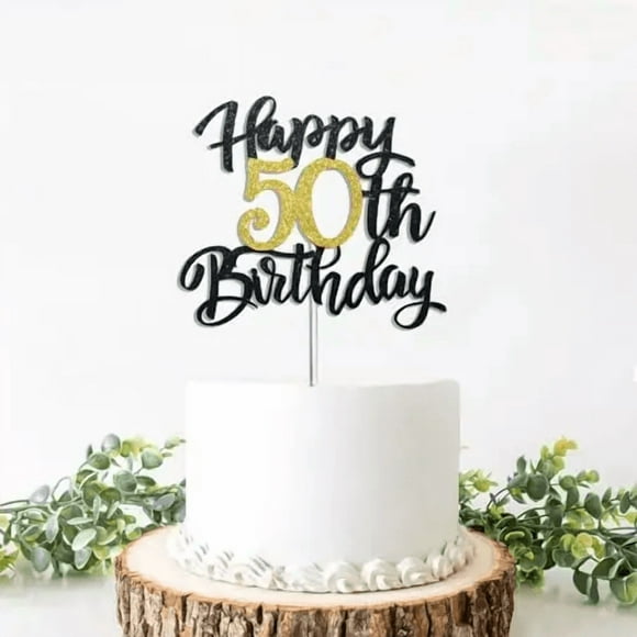 Happy 50th Birthday Cake Topper Black & Gold | Pre-Assembled 50th Birthday Decorations for Women & Men