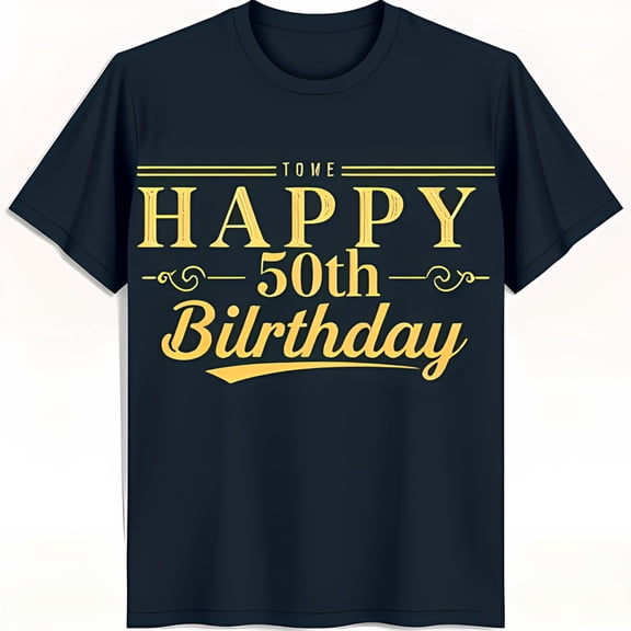 Happy 50th Birthday Dark Blue T-Shirt with Golden Yellow Text & Decorative Border
