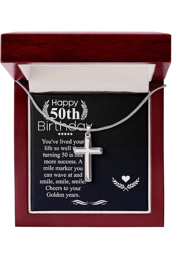 Happy 50th Birthday Gift for Single Dad, Father Birthday Cross Necklace Gift, 50th Birthday Present for Father from Daughter or Son With Message Card