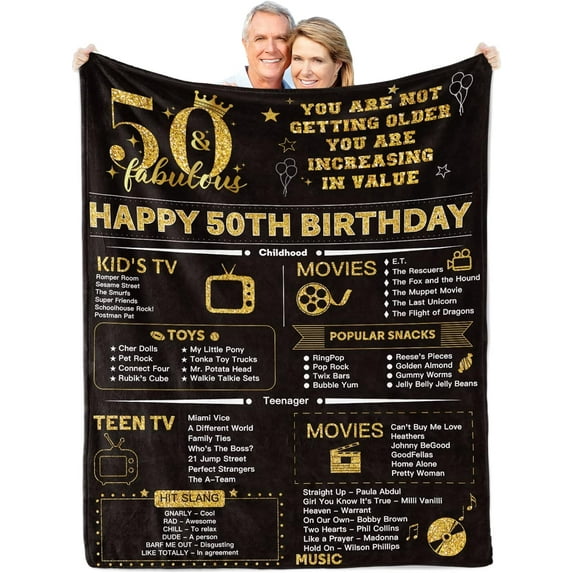 Happy 50th Birthday Gifts Throw Blanket for Men 50 Years Ago 1973 Birthday Gift Ideas for Women Wife Husband Soft Black Gold Flannel Fleece Blanket for Sofa Couch Party Decorations, 55'' x 70''