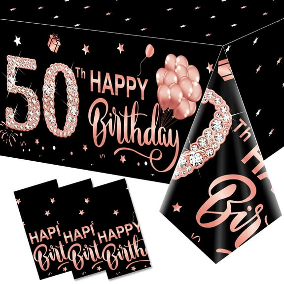 Happy 50th Birthday Table Cover 3 Pack Rose Gold, Disposable Plastic Rectangular Tablecloth Decorations for Women Party, Stars Fireworks Design, Black