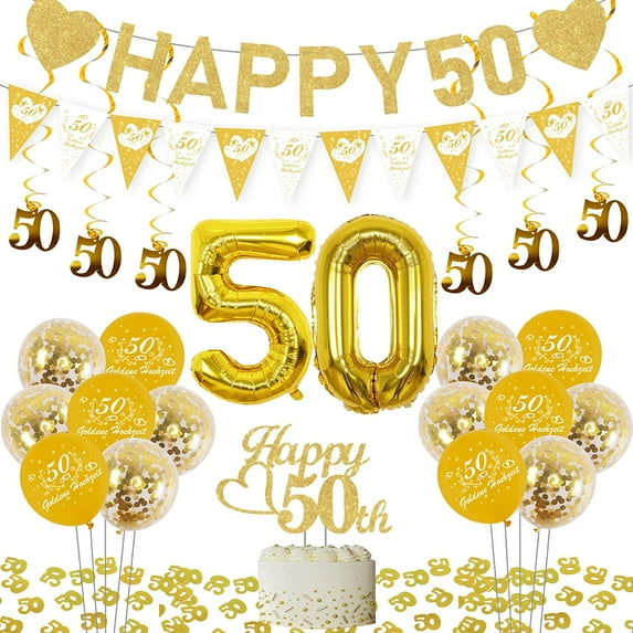Happy 50th Wedding Anniversary Decorations, Gold 50th Anniversary Balloons "50" Foil Balloons Hanging Banner Gold 50th Wedding Anniversary Party Confetti 50th Anniversary Party Supplies