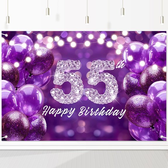 Happy 55th Birthday Banner Backdrop Purple Glitter Balloons Diamond Confetti Elegant Luxury Glamorous Photo Booth Background for Women Girls Adults Celebration Party Decorations 72x43 Inch