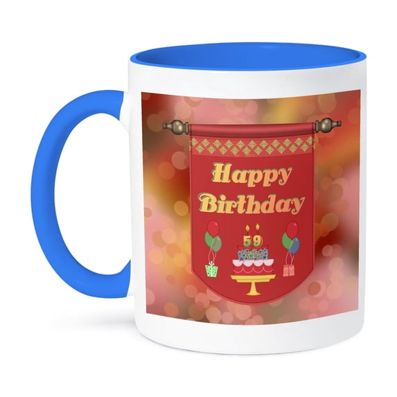 3dRose, Happy 59th Birthday Banner, Cake with Gifts and Balloons, 15oz Two-Tone Blue Mug