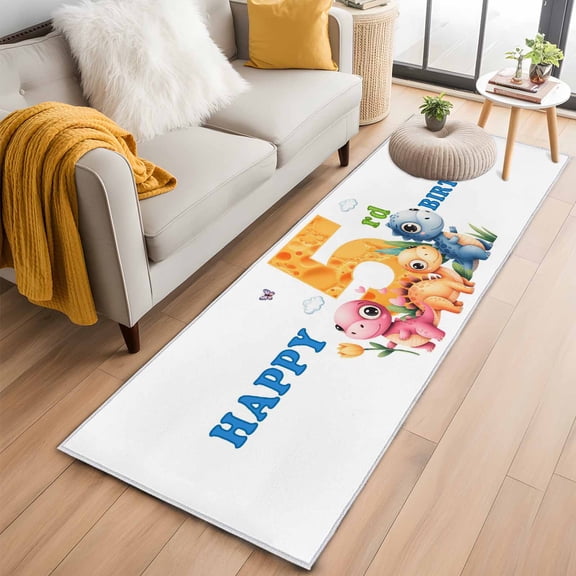 Happy 5rd Birthday 2'x6' Runner Rugs for Hallway Kitchen Bedside Non Slip, Cartoon Cute Pink Yellow Blue Dinosaurs Floral Entryway Rug Runners with Rubber Backing, Long Carpet Runner for Laundry Room