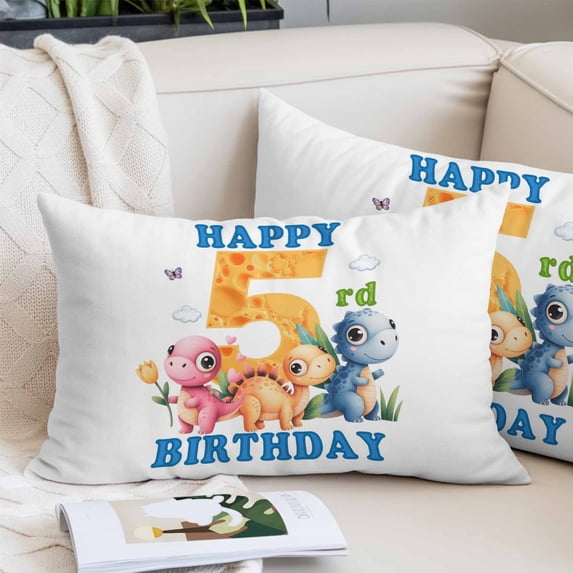 Happy 5rd Birthday Pillow Covers Queen, Cartoon Cute Pink Yellow Blue Dinosaurs Floral Soft Brushed Microfiber Breathable Throw Pillow Covers, Pillowcase with Zipper for Couch Sofa Bedroom 20"x30"