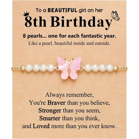 Happy 6/8/10 Year Old Birthday Gifts, Butterfly Pearl Bracelet for Daughter Niece Granddaughter