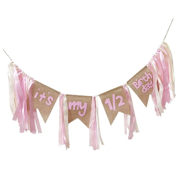 Happy 6 Month Banner, Half Year Birthday Decorations, High Chair Banner, Backdrop Garland Photobooth Props for Baby Shower Pink