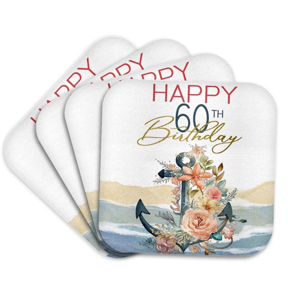 3drose, Happy 60th Birthday Floral Nautical Anchor, Set of 4 Coasters - Soft
