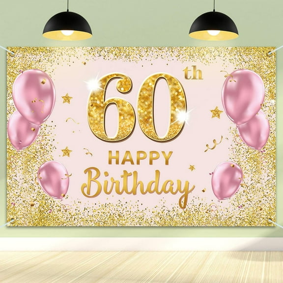Happy 60th Birthday Backdrop Banner - 60 Birthday Party Decorations Supplies for Women - Gold Pink