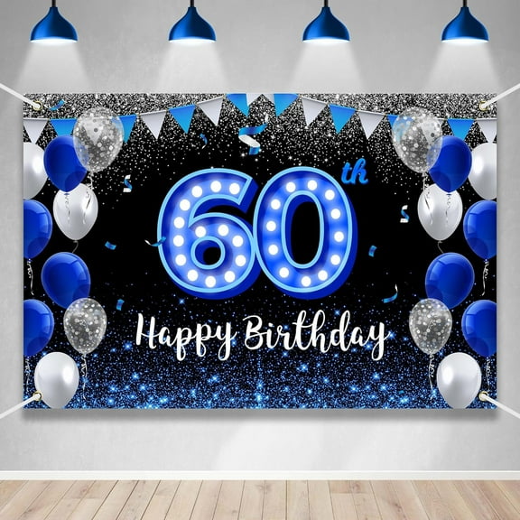 Happy 60th Birthday Backdrop Banner Blue Black Theme Background with Blue Neon Light Shiny Fashion Birthday Party Photo Photography Prop Booth Background for Men Women Celebration