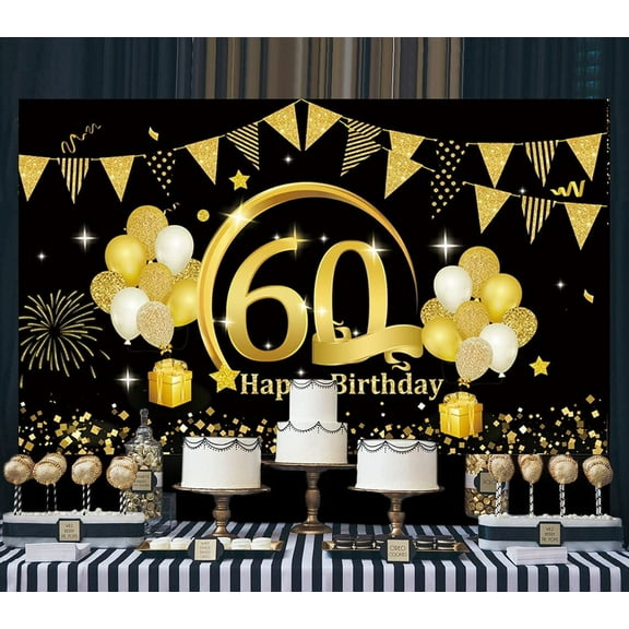Happy 60th Birthday Backdrop Large Fabric, Black Gold 60th Birthday Sign Banner, Photo Booth Photography Background with Rope, 60th Birthday Party Decorations, 72.8" x 43.3"