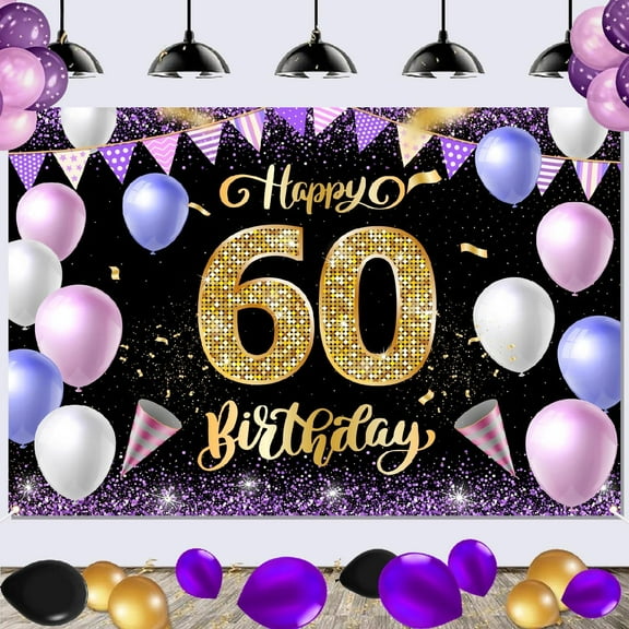 Happy 60th Birthday Banner Backdrop Black Gold Theme Shiny Purple Gold Party Photo Photography Prop Booth Background for Men Women Birthday Party Favors Decorations Supplies