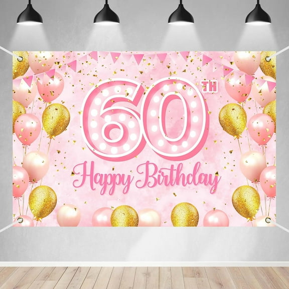 Happy 60th Birthday Banner Backdrop Pink Theme Rose Gold Balloons Confetti Background Decor for Princess Girls Noble Elegant Birthday Party Photo Booth Favors Decorations Supplies