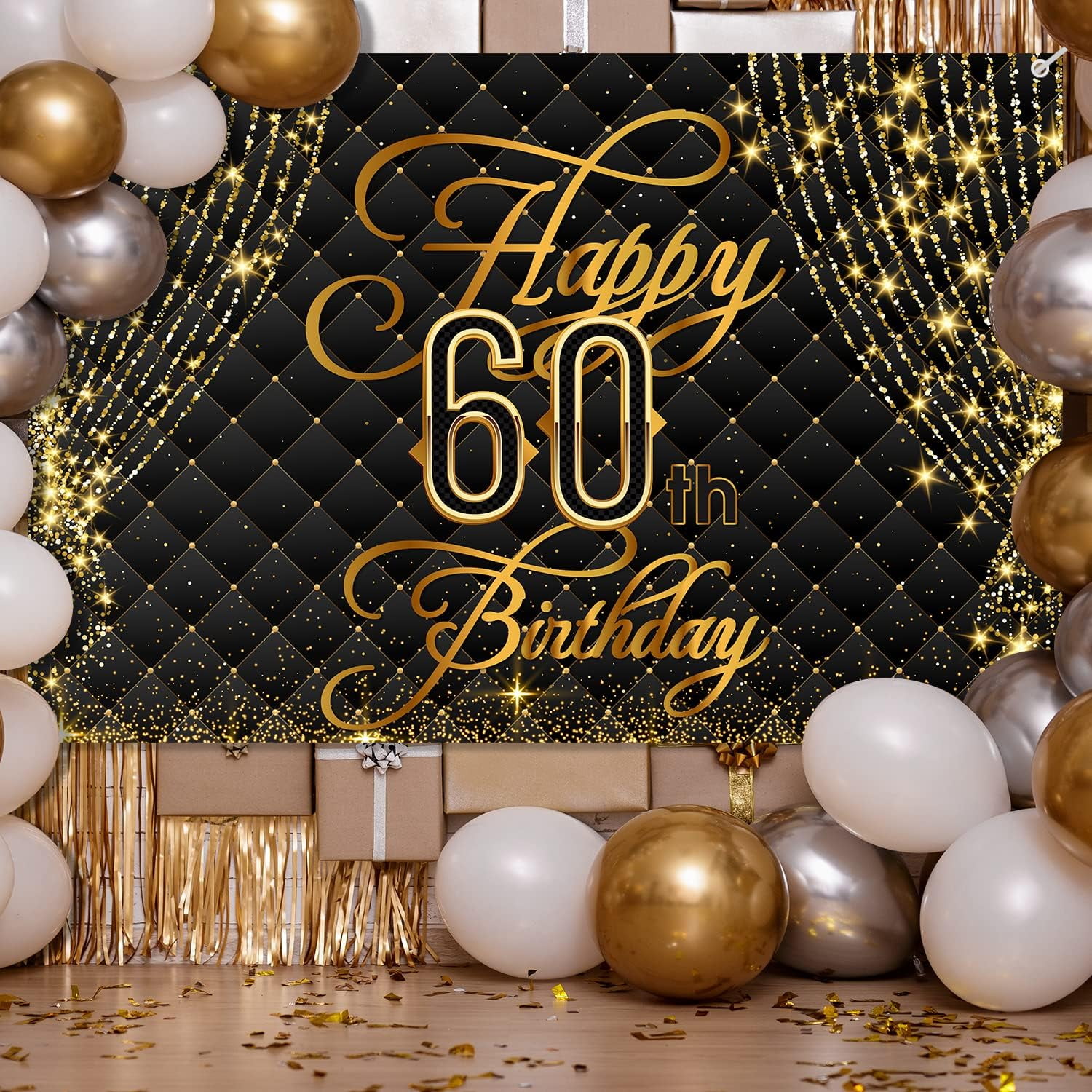 Happy 60th Birthday Backdrop Banner – Extra Large Black Gold Fabric Sign For Party Decor - View #5