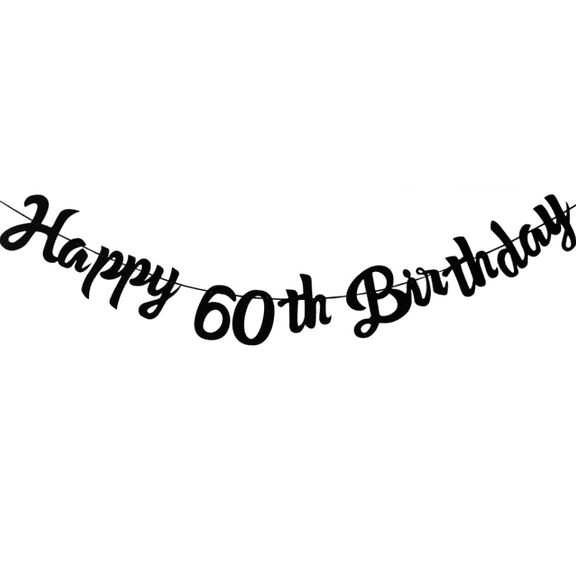 Happy 60th Birthday Banner, Black Glitter Script, Party Decoration, Hanging Garland