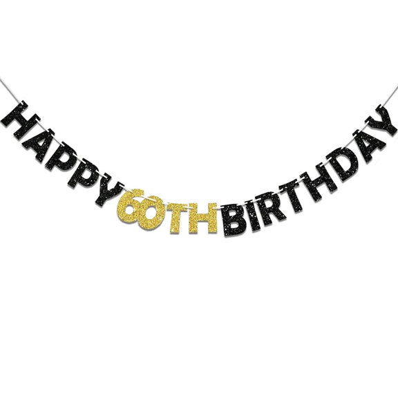 Happy 60th Birthday Banner, Black and Gold Glitter, Party Decoration, Letter Garland