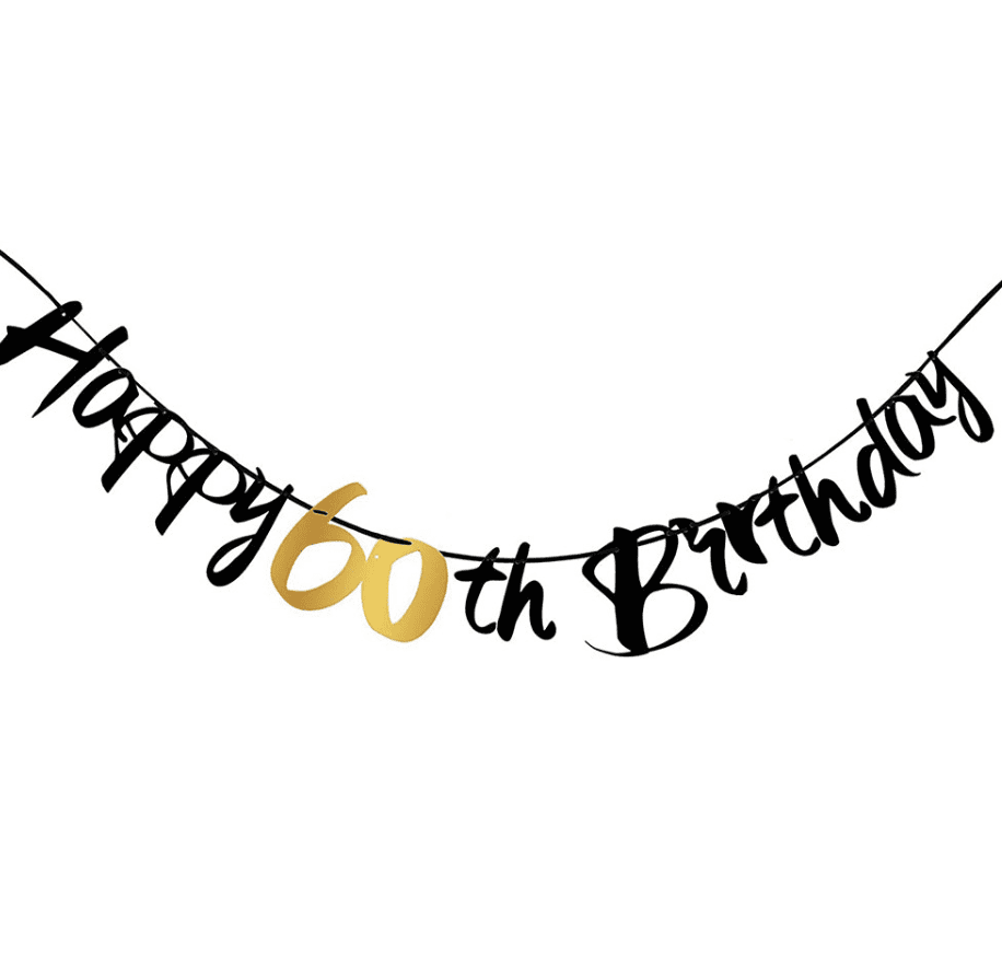Happy 60th Birthday Banner, Black and Gold, Party Decoration, Cursive ...