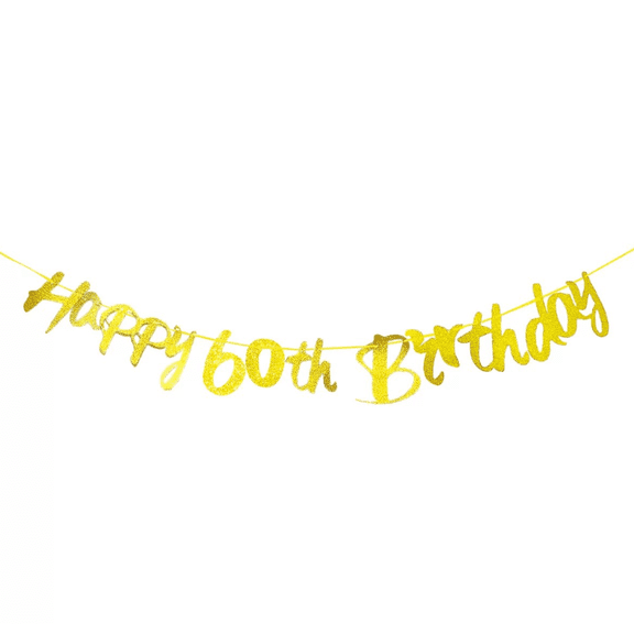 Happy 60th Birthday Banner, Gold Glitter, Party Decoration Sign
