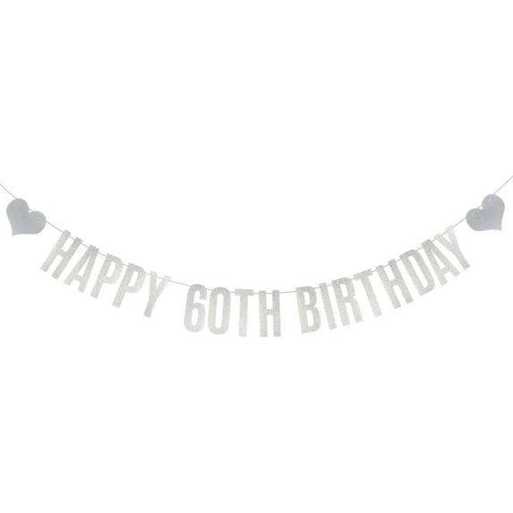 Happy 60th Birthday Banner, Pre-Strung,Silver Glitter Paper Garlands Banner for 60th Birthday Party Decorations Supplies, Letters Silver,