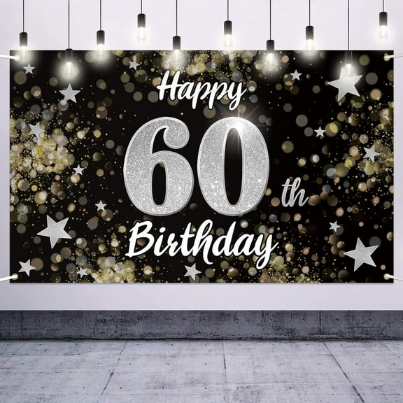 Happy 60th Birthday Decorations,60th Black & Silver Dream Star Large Birthday Banner Backdrop