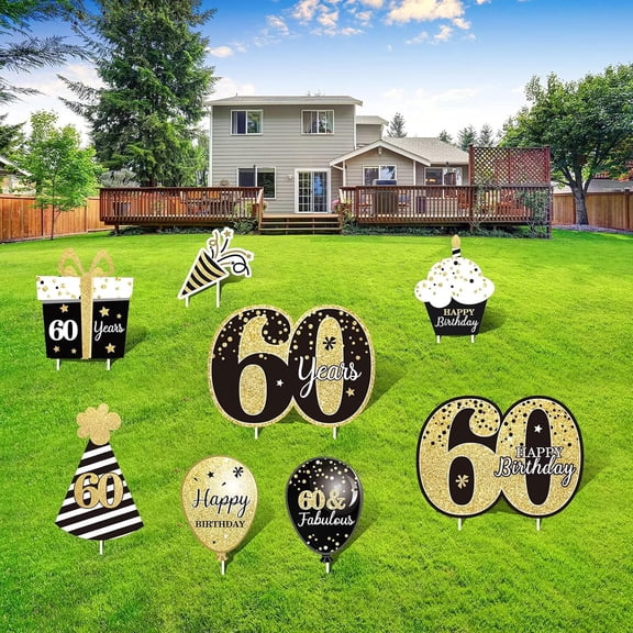 Happy 60th Birthday Decorations for Men 60th Birthday Yard Sign with Stakes Black Gold 60 Birthday Lawn Party Yard Sign and Outdoor Decorations Set of 8