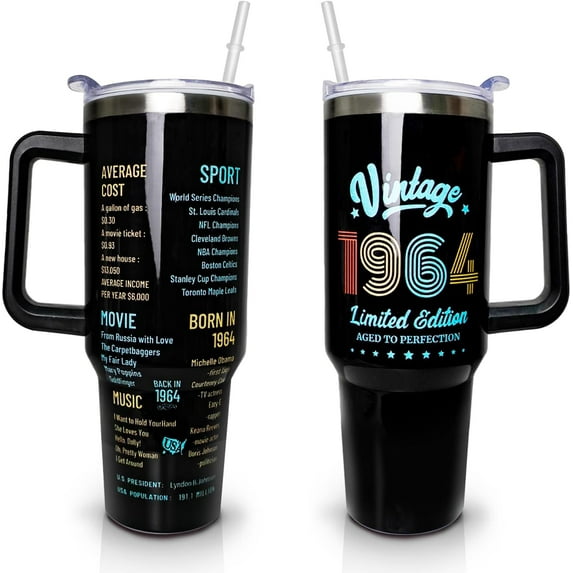 Happy 60th Birthday Gifts for Men Women, 40 oz Tumbler with Handle and Straw Lid, 60 Years Old Gifts Idea for Him Her, Sixty Birthday Present Back in 1964 Tumbler Cup