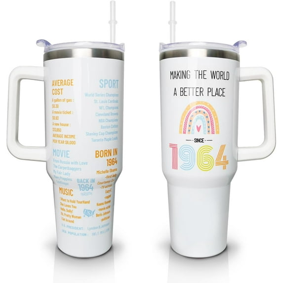 Happy 60th Birthday Gifts for Women, 40 oz Tumbler with Handle and Straw Lid, 60 Years Old Gifts Idea for Her, Sixty Birthday Present Back in 1964 Tumbler Cup(White)