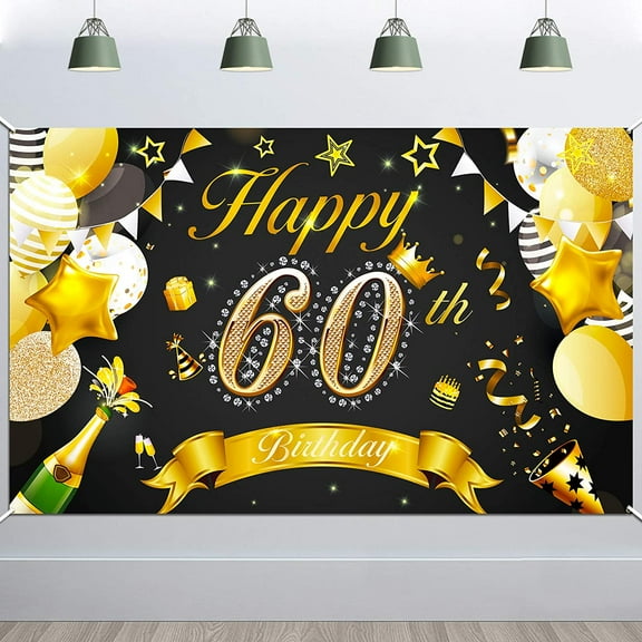 Happy 60th Birthday Party Decoration Black and Gold, Fabric Banner for 60th Birthday Photo Backdrop Photography Background, Woman Man 60th Birthday Outdoor Garden Table Wall Decoration Supplies