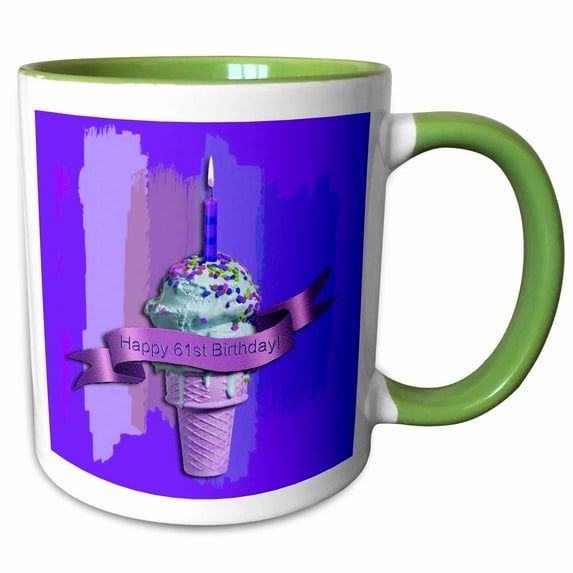 3drose, Happy 61st Birthday, Strawberry Ice Cream Cone on Abstract, Purple, 11oz Two-tone Green Mug