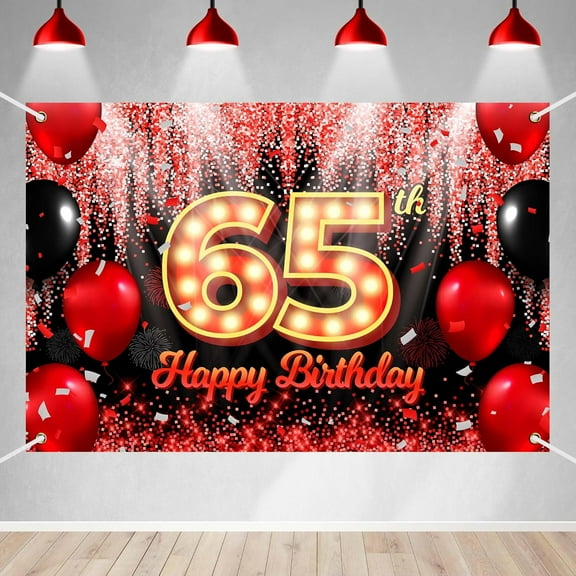 Happy 65th Birthday Backdrop Banner Black and Red Theme Background with Neon Shiny Fashion Birthday Party Photo Photography Prop Booth Background for Men Women Celebration
