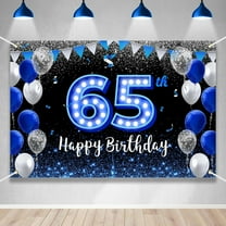 Happy 65th Birthday Backdrop Banner Blue Black Theme Background with Blue Neon Light Shiny Fashion Birthday Party Photo Photography Prop Booth Background for Men Women Celebration