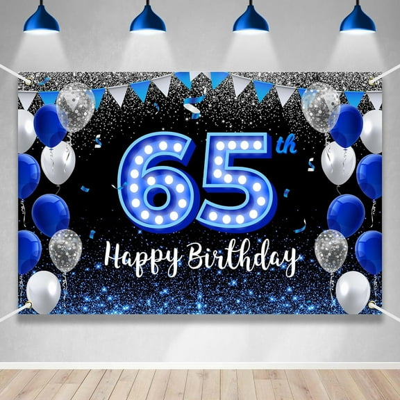 Happy 65th Birthday Backdrop Banner Blue Black Theme Background with Blue Neon Light Shiny Fashion Birthday Party Photo Photography Prop Booth Background for Men Women Celebration