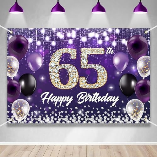 Happy 65th Birthday Backdrop Banner Purple Theme Background with Shiny ...