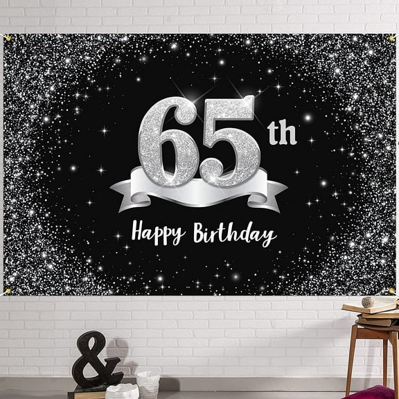 Happy 65th Birthday Banner Backdrop - 65 Years Old Birthday Decorations Party Supplies for Women Men - Black Silver