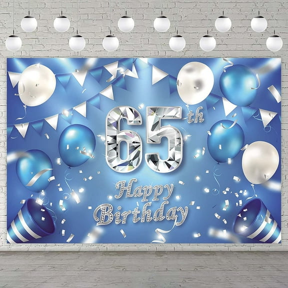 Happy 65th Birthday Banner Background Decorations Balloons Crystal Confetti Theme Decor for Men or Women Cheers to 65 Years Party Favors Supplies Blue Silver