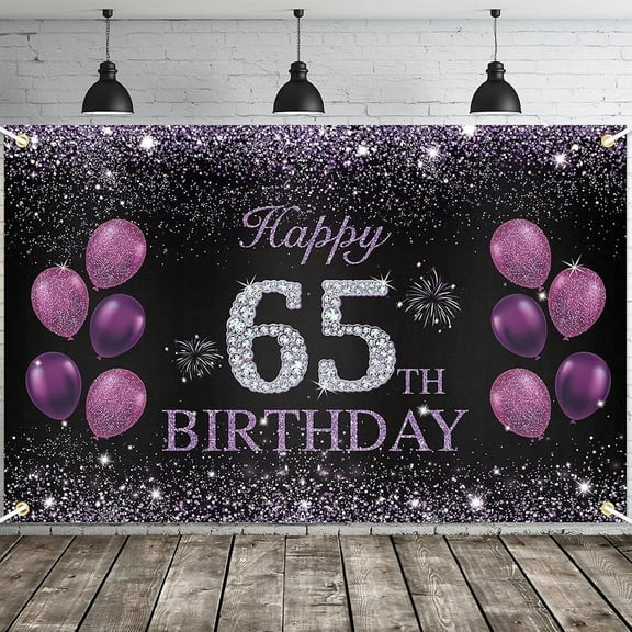 Happy 65th Birthday Banner, Purple Happy 65th Birthday Party Decorations for Girls, 65 Year Old Birthday Supplies Backdrop Décor, 5.9 X 3.8 Fts