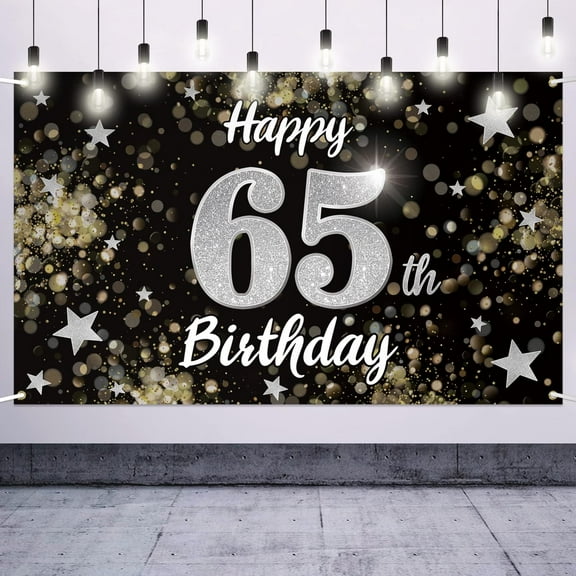 Happy 65th Birthday Decorations,65th Black & Silver Dream Star Large Birthday Banner Backdrop