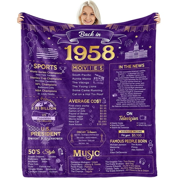 Happy 65th Birthday Gifts for Women Men Blanket 1958 65th Birthday Anniversary Weeding Decorations Turning 65 Year Old Bday Gift Idea for Wife Husband Mom Dad Back in 1958 Throw Blanket 60Lx50W Inch