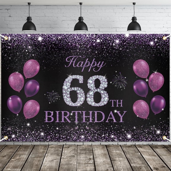 Happy 68th Birthday Banner, Purple Party Decorations for Women, 68 Year Old Backdrop Décor Supplies, 5.9 X 3.8 Fts