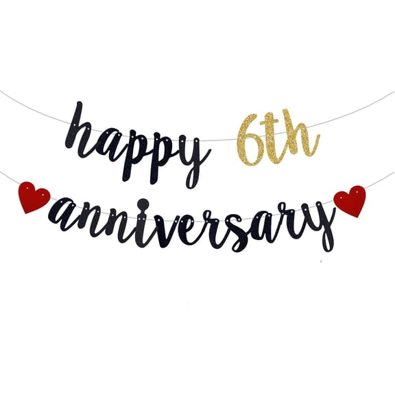 Happy 6th Anniversary Banner,6th Wedding Anniversary Party Bunting Decoration,6th Birthday, 6th Anniversary Party Garlands.Black & Gold) Already threaded.