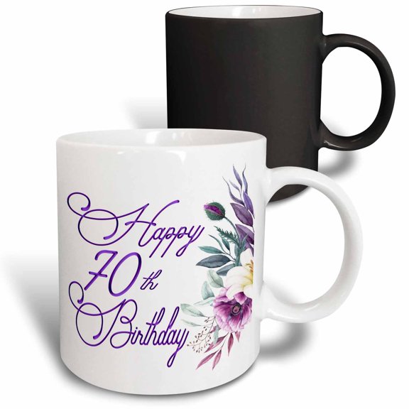 3drose, Happy 70th Birthday in Purple with Purple Flowers, 11oz Magic Transforming Mug