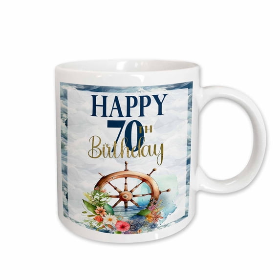 3drose, Happy 70th Birthday Pretty Nautical Floral Sailing Wheel, 11oz Mug