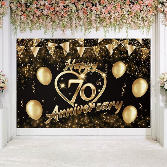 Happy 70th Anniversary Backdrop Banner Decor Black Gold Love Heart Happy 70 Years Wedding Anniversary Party Theme Decorations for Women Men Supplies
